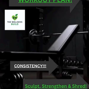 Może przedstawiać: Obraz promujący 7-dniowy plan treningowy całego ciała. Tekst zawiera "Consistency!!!" i "Sculpt, Strengthen & Shred!". Logo The Wellness Build znajduje się w lewym górnym rogu. Ławka i ciężary w tle.