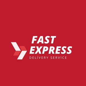 May include: A logo on a solid red background featuring the white text FAST EXPRESS DELIVERY SERVICE. To the left of the text is a graphic icon composed of three stylized, overlapping arrow shapes in shades of white and light red pointing right.