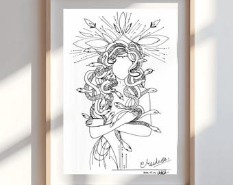 May include: Black and white line art print of Medusa, framed in a light wood. The artwork depicts Medusa with snakes for hair, arms crossed, and a decorative crown. The artist's signature and date are in the lower right corner.
