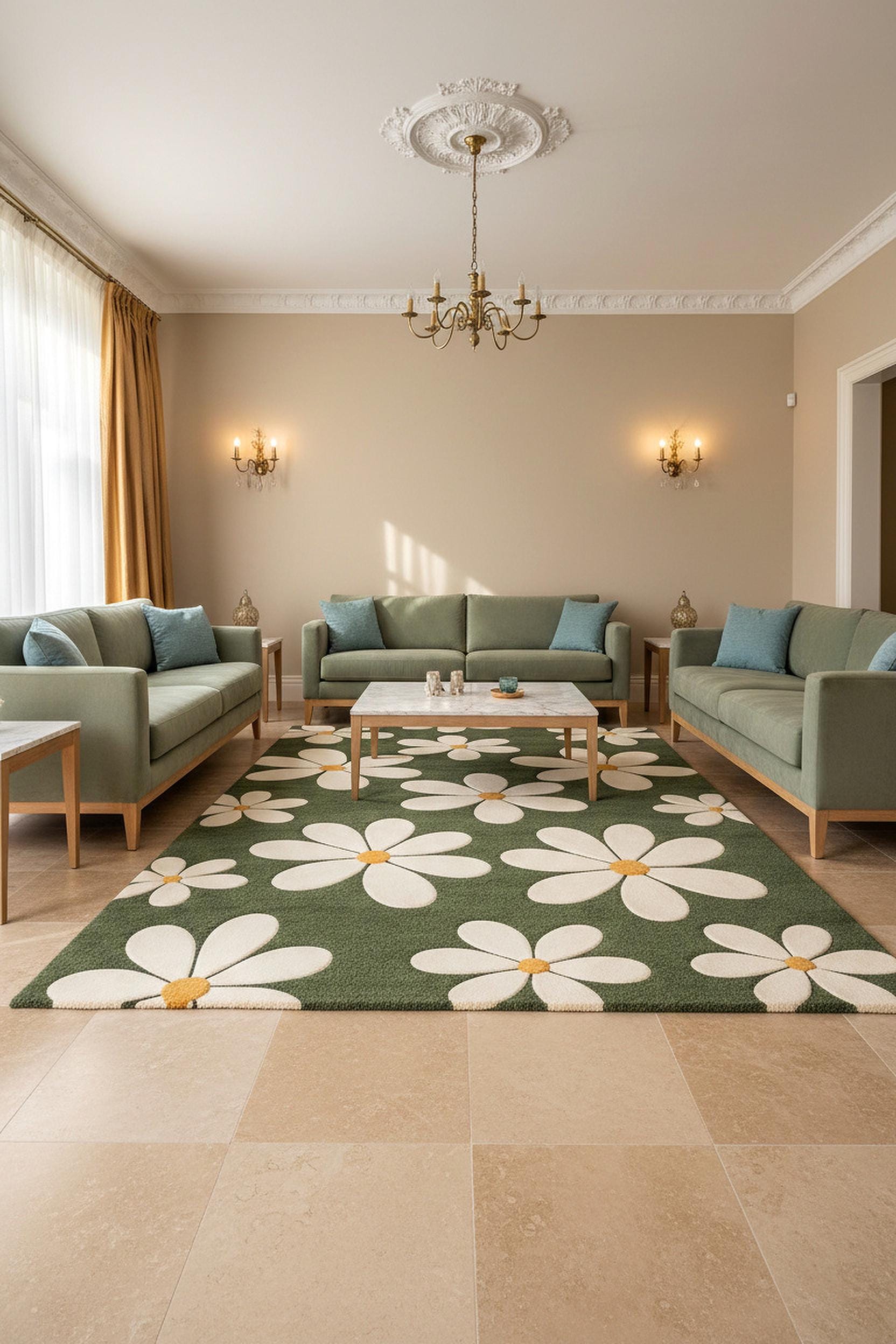 Olive Green Rugs Pattern Hand-tufted Olive Green Wool Area Rug With White Botanical Daisy ...