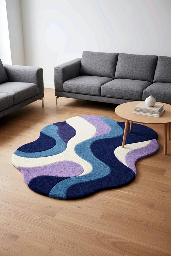 Hand Tufted Abstract Wavy Rug, Navy Blue Lavender Modern Carpet