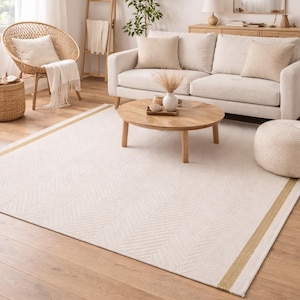 Modern Textured Chevron Rectangle Wool Area Rug Cream Gold Living Room 8x10, 9x12