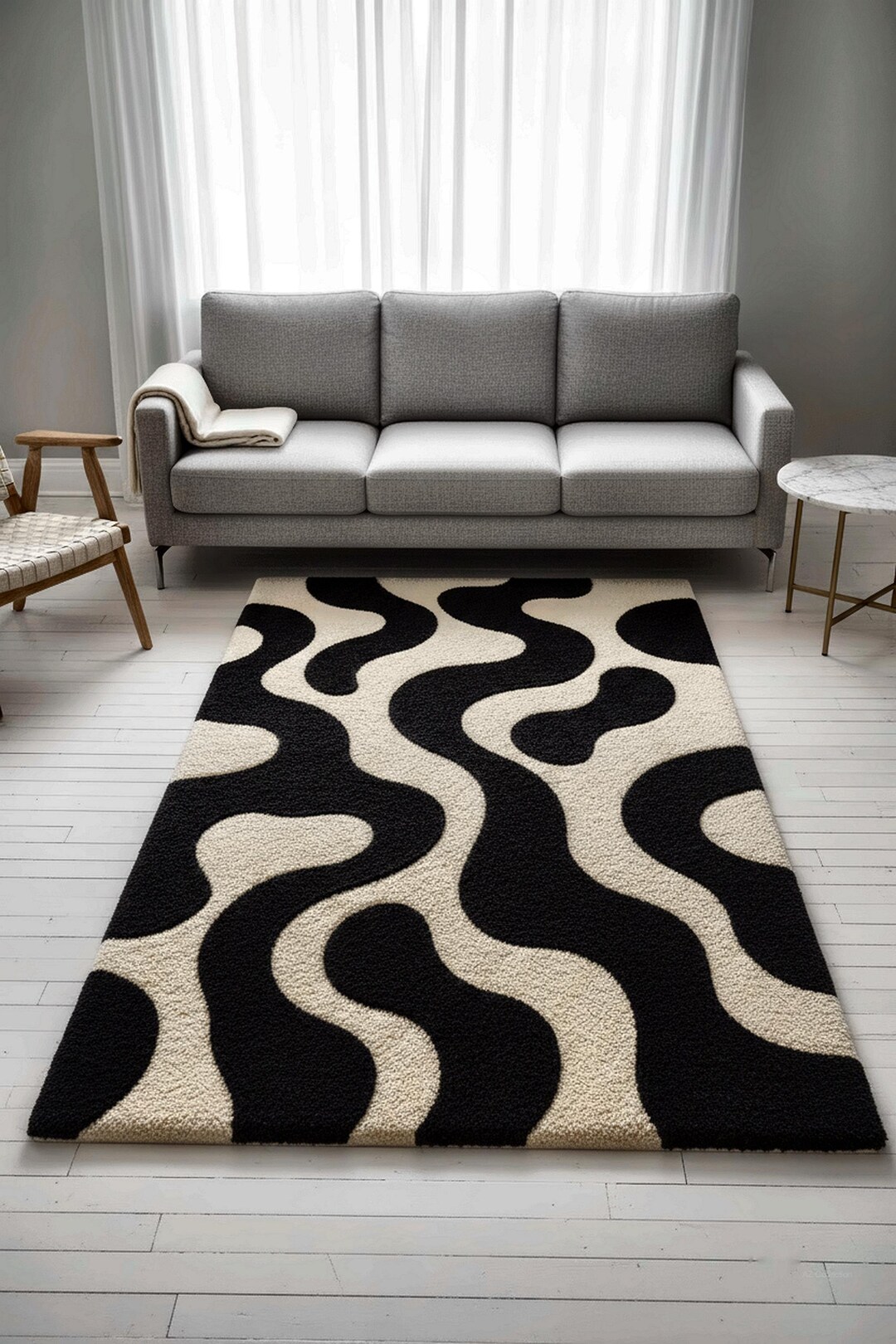 Modern Abstract Wavy Black and Cream Hand Tufted Area Rug for Living ...