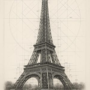 Può includere: Disegno architettonico dettagliato della Torre Eiffel a Parigi. L'immagine è un'illustrazione in scala di grigi con linee e misure precise, incluso il testo "Tour Eiffel" in basso. La struttura della torre è meticolosamente raffigurata.