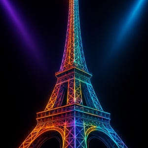 Può includere: Un'illustrazione neon vibrante della Torre Eiffel su sfondo nero. La torre è delineata in uno spettro di colori, tra cui arancione, giallo, verde e blu, con fasci di luce viola e blu.