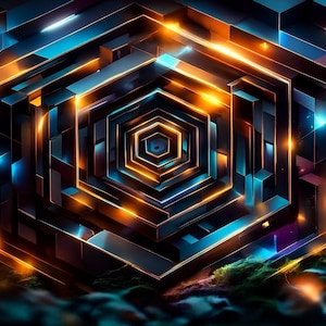 May include: Abstract digital artwork with a geometric hexagonal design. The image uses a colour scheme of dark blues, oranges, and gold, with glowing lines and a sense of depth. The overall effect is futuristic and complex.