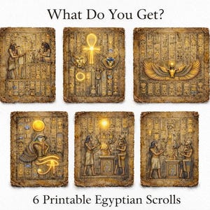 May include: Six printable Egyptian scrolls with detailed illustrations and hieroglyphs. The scrolls feature ancient Egyptian imagery, including figures, symbols, and decorative elements. The text "What Do You Get?" and "6 Printable Egyptian Scrolls" are visible.