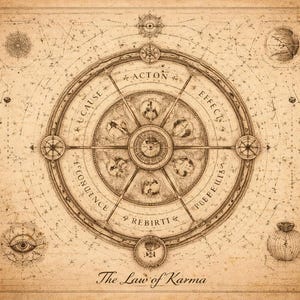 Puede incluir: Ilustración de estilo vintage de la Ley del Karma, con un diseño de rueda central con radios etiquetados con conceptos como 'Causa' y 'Efecto'. La obra de arte está en tonos sepia, con elementos celestiales y el texto 'The Law of Karma'.