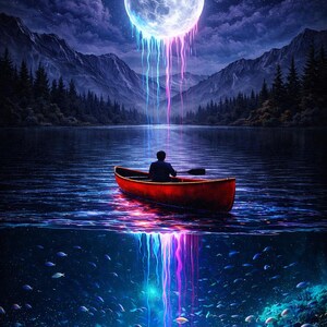Può includere: Opera d'arte digitale che raffigura una persona in una canoa rossa su un lago sotto una luna piena luminosa. La luna emette flussi di luce colorati, riflessi nell'acqua. Montagne e alberi incorniciano la scena, con una vista subacquea di pesci e coralli.