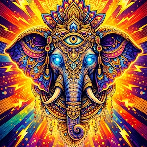 Può includere: Un'illustrazione psichedelica vibrante di un elefante con motivi intricati e colorati. L'elefante ha occhi blu luminosi ed è adornato da gioielli ornati. Lo sfondo presenta luce radiante e fulmini nelle tonalità del giallo, arancione, viola e blu.