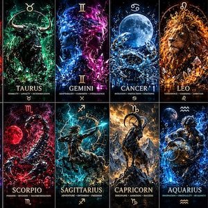 Può includere: Una collezione di dodici pannelli rettangolari con illustrazioni vivaci e dettagliate dei segni zodiacali: Ariete, Toro, Gemelli, Cancro, Leone, Vergine, Bilancia, Scorpione, Sagittario, Capricorno, Acquario e Pesci, ognuno con nome e caratteristiche.