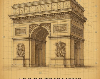 Arc de Triomphe Paris Architectural Drawing | Vintage Blueprint Wall Art | Classical Monument Sketch | Historic Architecture Print