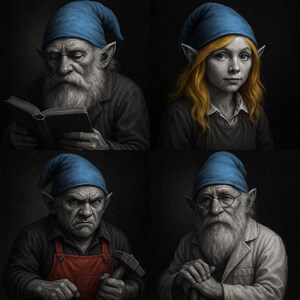 Può includere: Quattro ritratti di personaggi fantasy con orecchie a punta e cappelli blu. Uno legge un libro, un altro è un giovane con i capelli biondi, un terzo tiene un martello e l'ultimo indossa gli occhiali.