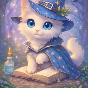 May include: A whimsical illustration of a white cat dressed as a wizard, wearing a blue hat and cape adorned with gold stars. The cat sits on an open book, with a potion bottle nearby, set against a magical forest backdrop.