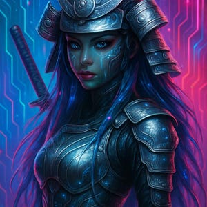 Può includere: Arte digitale di una guerriera samurai femminile in armatura futuristica. La guerriera ha capelli blu e occhi blu penetranti, con una katana sulla schiena. Lo sfondo presenta un design a circuito stampato blu e rosa neon.