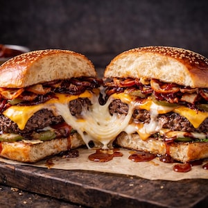 May include: Two halves of a large burger with melted cheese, caramelised onions, and pickles, served on a sesame seed bun. Curly fries and a small bowl of sauce are in the background. The burger is on a wooden surface.