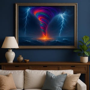 May include: A framed artwork depicts a vibrant, colorful tornado over a stormy sea. The tornado spirals with hues of red, orange, blue, and purple. Lightning bolts flash on either side of the swirling vortex, set against a dark blue sky.