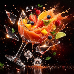Può includere: Immagine dinamica di un bicchiere da cocktail rotto con un'esplosione di succo e vari frutti. Fragole, mirtilli, kiwi e mango sono sospesi a mezz'aria, creando una composizione suggestiva su sfondo scuro.