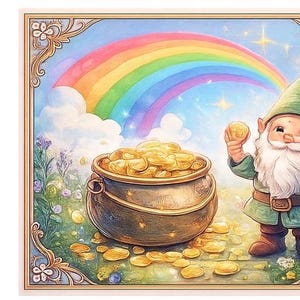 Può includere: Illustrazione di un folletto che tiene in mano una moneta d'oro vicino a un vaso pieno di monete d'oro. Un arcobaleno attraversa un cielo blu nuvoloso. L'immagine ha un bordo decorativo.