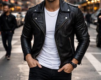 Mens Black Leather Biker Jacket Motorcycle Jacket Men Slim Fit Moto Jacket Real Leather Jacket Gift for Him Winter Coat