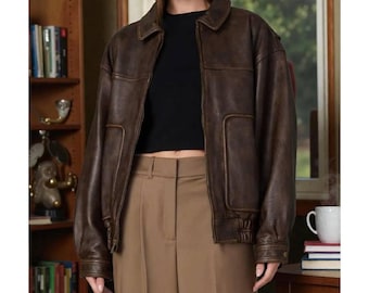 Handmade Oversized Brown Leather Bomber Jacket - 90s Vintage Style Sheepskin Coat - Chocolate Brown Baggy Flight Jacket for Women -
