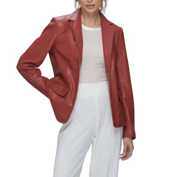 Red Leather Blazer Women, Handmade Lambskin Leather Coat, Notch Lapel Single Button Jacket, Luxury Corporate Fashion Gift for Her