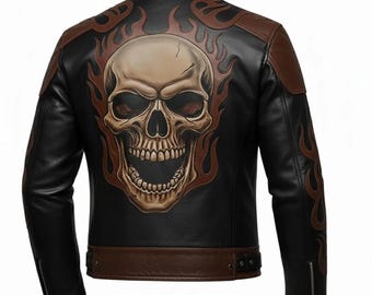 Handmade Skull Leather Jacket Men | Flame Biker Motorcycle Jacket | Custom Punk Rock Style | Black Cowhide Rider Coat