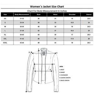 May include: A size chart for women's jackets, with measurements in inches. The chart includes sizes XS to XXXL, detailing body, bust, waist, shoulder, and sleeve measurements. A diagram of a jacket illustrates the measurement points.