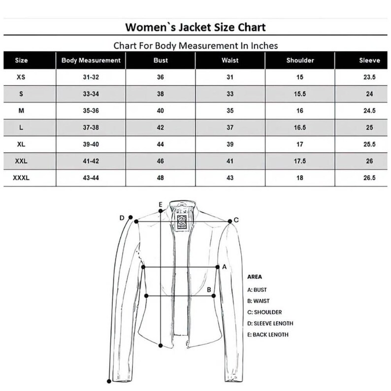May include: A size chart for women's jackets, with measurements in inches. The chart includes sizes XS to XXXL, detailing body, bust, waist, shoulder, and sleeve measurements. A diagram of a jacket illustrates the measurement points.