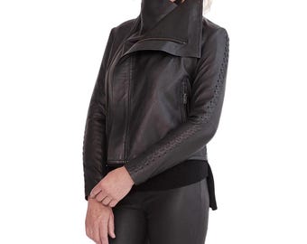 Women's Black Leather Jacket | Whipstitch Sleeve Asymmetrical Biker Moto | Funnel Neck Techwear Coat | Avant Garde Luxury Gift for Her