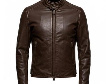 Männer Braun Leder Biker Jacke Handmade Stehkragen Cafe Racer Schaffell Slim Fit Mantel Geschenk für Ihn