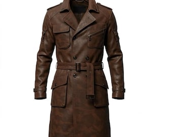 Handmade Genuine Leather Trench Coat | Brown Military Style, Mens Long Coat
