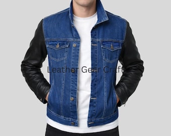 Men's Handmade Denim Jacket with Leather Sleeves |Vintage Trucker Jean Jacket | Two-Tone Biker Streetwear Coat | Handmade Gift for Him