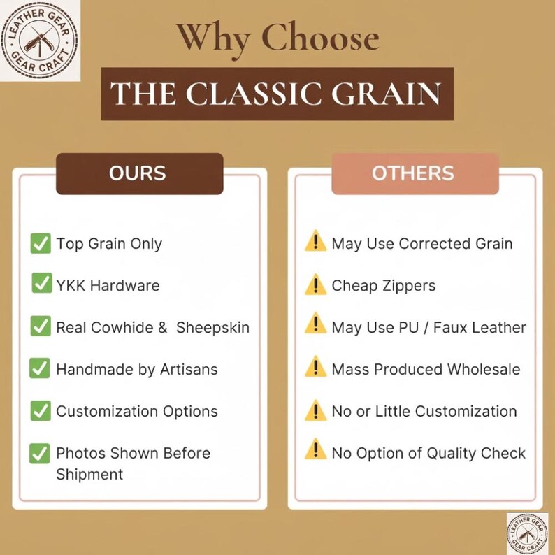 May include: An advertisement for leather goods, featuring the text "Why Choose THE CLASSIC GRAIN." The graphic compares "OURS" with "OTHERS," highlighting features like top grain leather, YKK hardware, real cowhide, and handmade craftsmanship.
