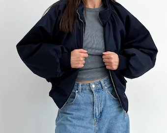 Womens Oversized Navy Blue Bomber Jacket Water Repellent Padded Winter Coat Eco Friendly Puffer 90s Vintage Style