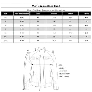 May include: A jacket size chart with measurements in inches. The chart includes sizes XS to XXXL, detailing body, chest, shoulder, sleeve, and length measurements. A diagram illustrates where to measure on a jacket.