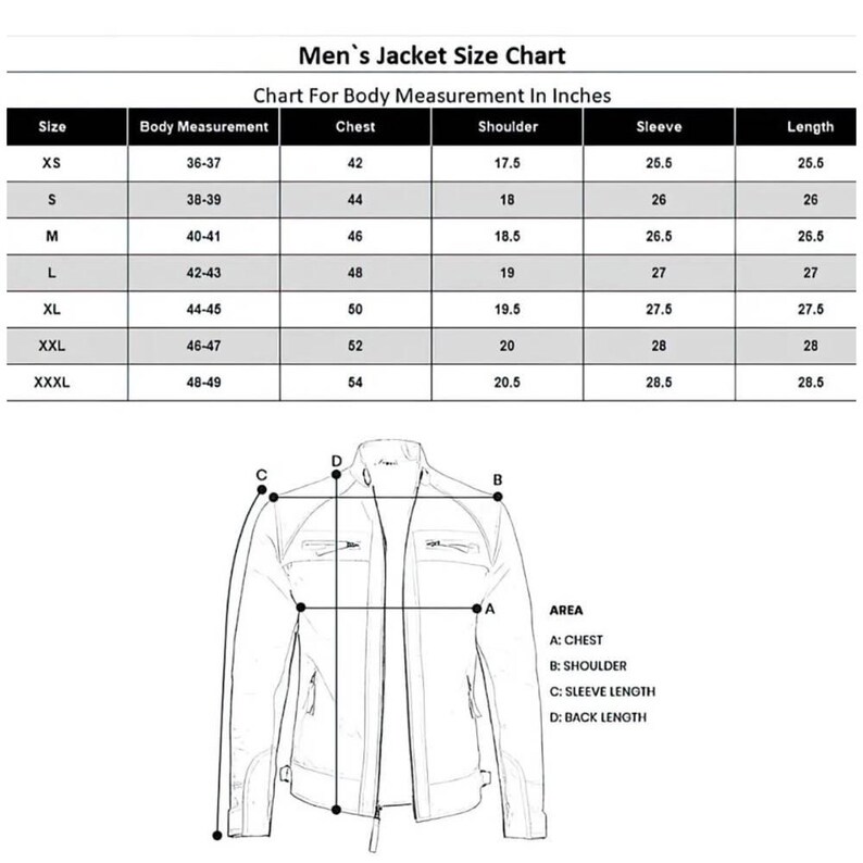 May include: A jacket size chart with measurements in inches. The chart includes sizes XS to XXXL, detailing body, chest, shoulder, sleeve, and length measurements. A diagram illustrates where to measure on a jacket.