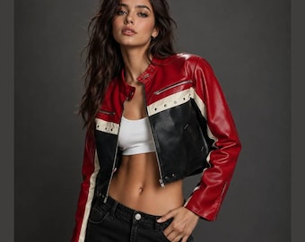 Moto Leather Jacket Women Red Black Cropped Biker Jacket, Genuine Sheepskin Slim Fit Streetwear Gift