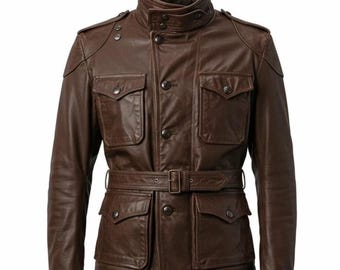 Handmade Brown Leather Military Jacket Men | Field Jacket with Belt & Epaulets | Custom Fit Gift for Him | Cowhide Coat