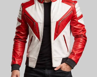 Handmade Men's Red & White Real Leather Biker Jacket - Cafe Racer Moto Jacket - Stand Up Collar Zippered Coat