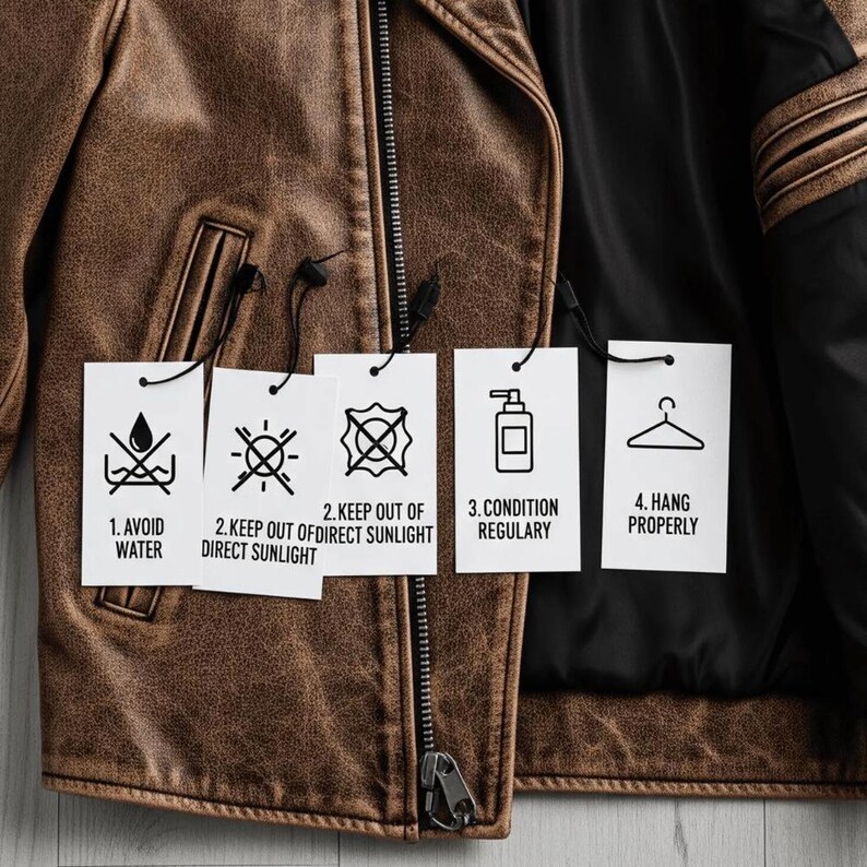 May include: A brown leather jacket with a black interior, featuring a zipper closure and care instructions on attached tags. The tags advise to avoid water, direct sunlight, condition regularly, and hang properly.