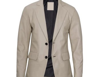 Handmade Beige Full Grain Leather Blazer | Men's Formal Jacket