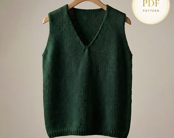 V Neck Vest Knitting Pattern, Easy Chunky Sweater Vest for Women S to XL, Beginner Knit Waistcoat PDF