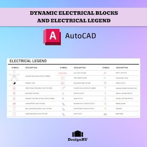 Pode incluir: Um diagrama intitulado "Blocos Elétricos Dinâmicos e Legenda Elétrica" com um logotipo AutoCAD. A legenda inclui símbolos e descrições de vários componentes elétricos, como ventiladores de teto, tomadas e luminárias. O logotipo DesignRV está na parte inferior.