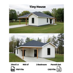 May include: Two images of a white tiny house with a black roof and a covered porch. The text "Tiny House" is at the top. The house is on a green lawn. The bottom of the image shows the dimensions, square footage, number of bedrooms, and file type.
