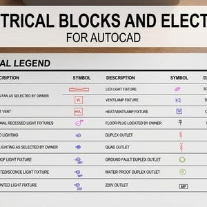 以下が含まれることがあります： AutoCAD 用の電気記号と説明が印刷された電気凡例。 天井ファン、排気口、照明器具、コンセントの記号が含まれています。 タイトルは「DYNAMIC ELECTRICAL BLOCKS AND ELECTRICAL LEGEND FOR AUTOCAD」です。