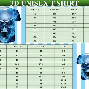 May include: A 3D unisex t-shirt featuring a blue skull design with flames. The image includes a size chart with measurements in inches for adult and youth sizes. The shirt is displayed on a light blue and white striped background.