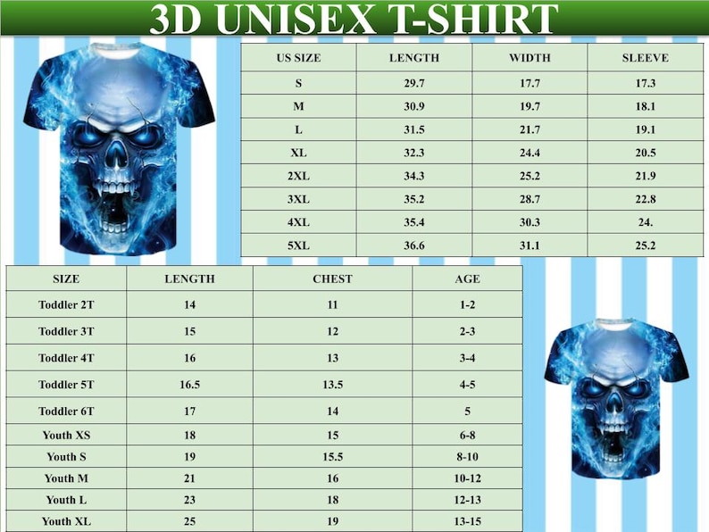May include: A 3D unisex t-shirt featuring a blue skull design with flames. The image includes a size chart with measurements in inches for adult and youth sizes. The shirt is displayed on a light blue and white striped background.