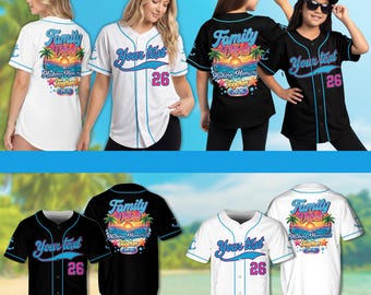Camisa de beisebol personalizada com nome e frase "Family Vibes Trip", camisa comemorativa personalizada, conjunto combinando para férias em grupo em cruzeiro, camisa para férias tropicais.