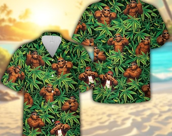Chemise hawaïenne Bigfoot Sasquatch drôle pour hommes et femmes, Chemise boutonnée Sasquatch Cool Vibing, Chemise Aloha Sasquatch portant des lunettes de soleil
